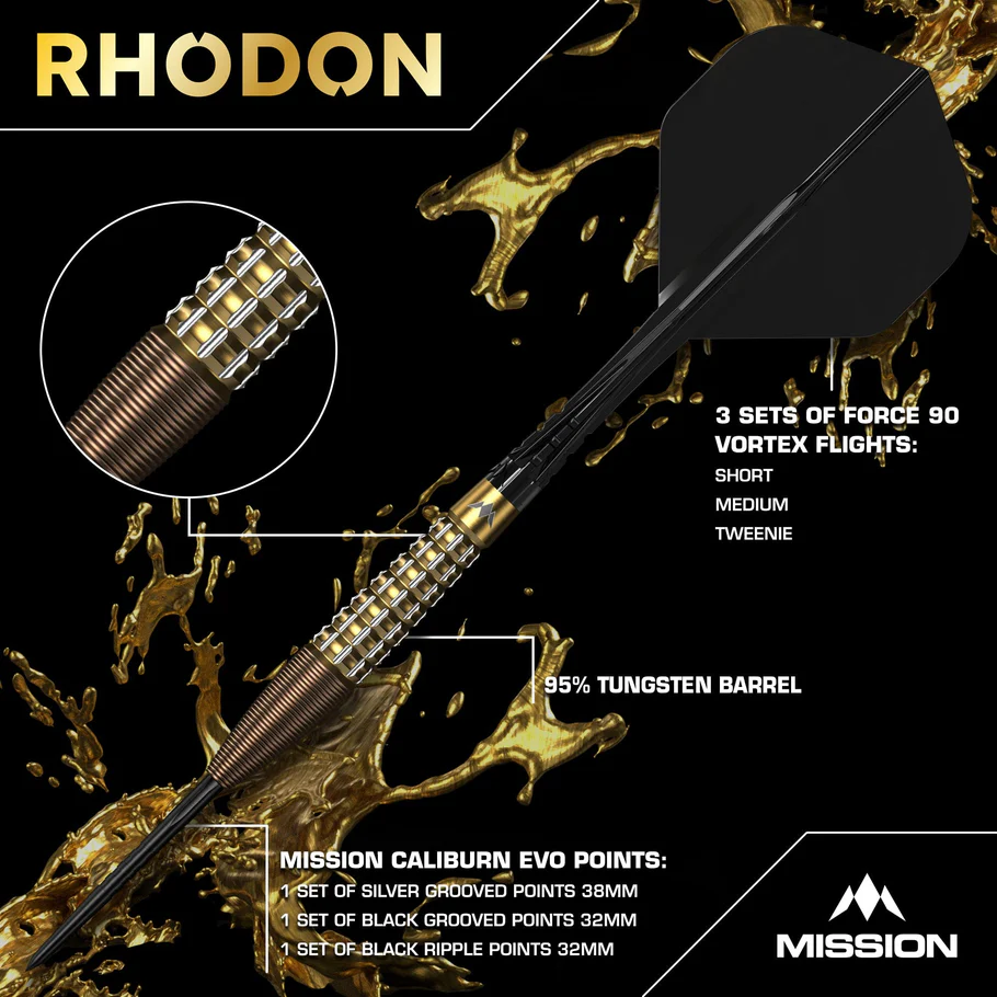 Mission Rhodon Darts - Steel Tip - 95% Tungsten - Bronze & Gold PVD 23g - Afbeelding 4