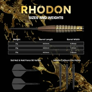Mission Rhodon Darts – Steel Tip – 95% Tungsten – Bronze & Gold PVD 23g