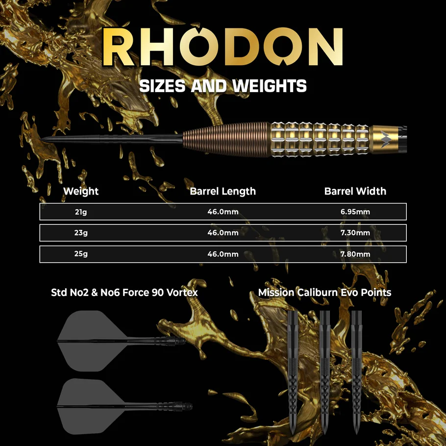 Mission Rhodon Darts - Steel Tip - 95% Tungsten - Bronze & Gold PVD 23g - Afbeelding 2